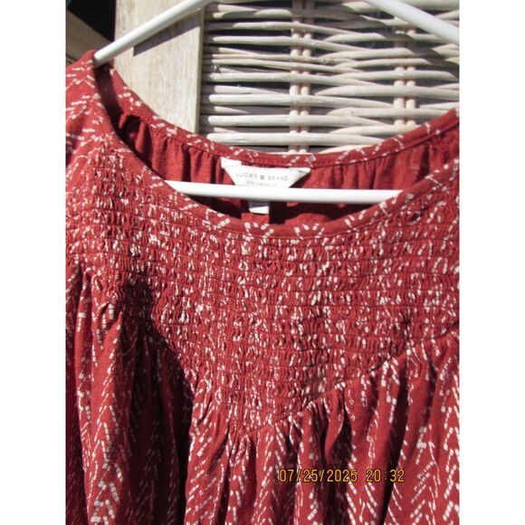 Lucky Brand size L top summer peasant blouse rusty red cotton blend pleated - Picture 2 of 8